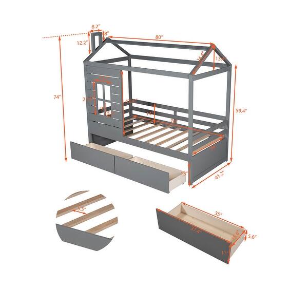 dimension image slide 1 of 3, Twin Size House Bed with Two Drawers & Guardrail