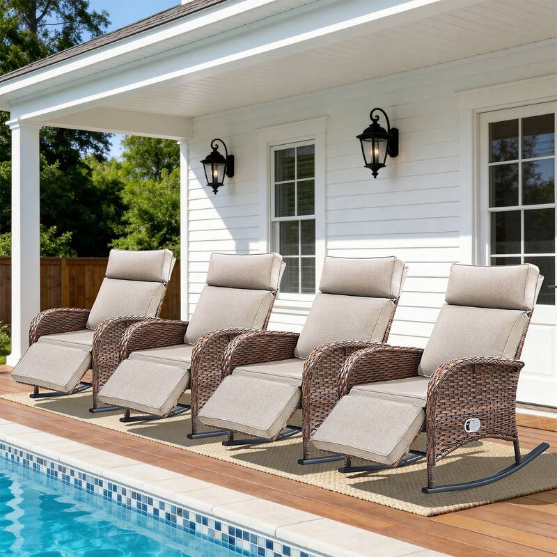 Pocassy Patio Wicker Recliner Rocker Chair with Adjustable Backrest - Brown Wicker with Beige Cushion - 4 Piece Rocker Recliner Chair