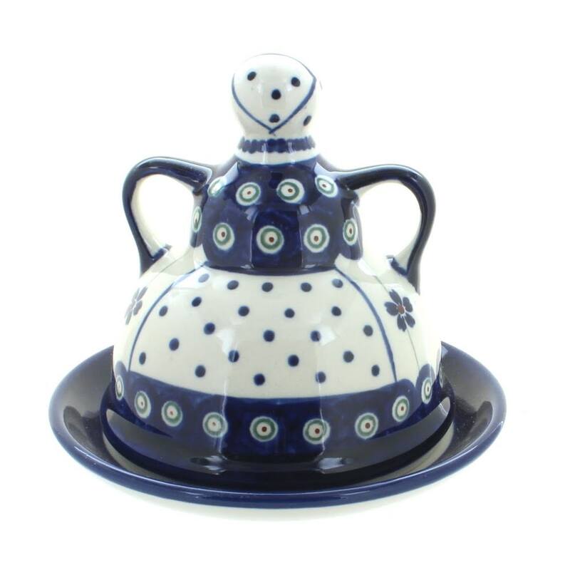Blue Rose Polish Pottery 1124 Zaklady Small Cheese Lady - Flowering Peacock