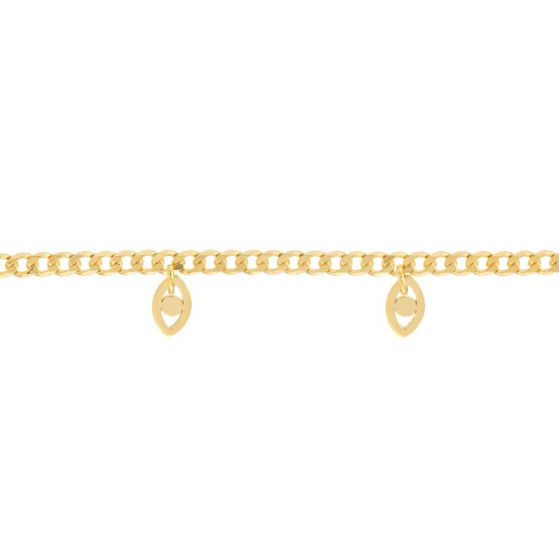 Curata 14k Yellow Gold 7.25" Dangling Evil Eye Curb Chain Bracelet