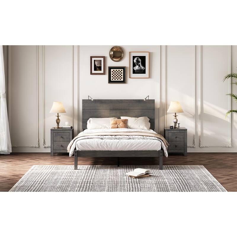 Farmhouse Wooden Platform Full Size Bed, Modern Platform Bed with Two Bedside Lights