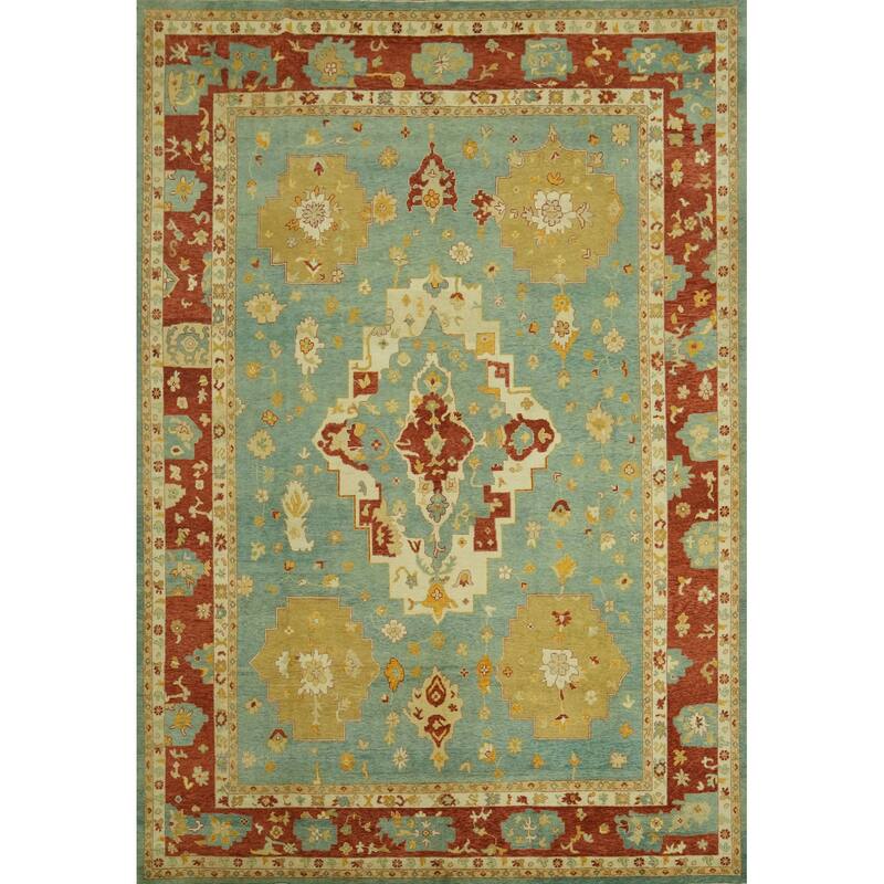 Handmade Blue Oushak Vegetable Dye Area Rug, Medallion Geometric Carpet - 13' 5'' X 10' 2''