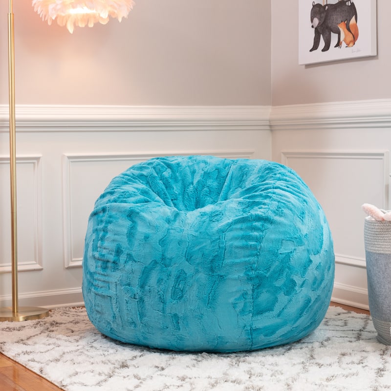 Kids Round Faux Fur Bean Bag Chair - 3' - Turquoise Blue