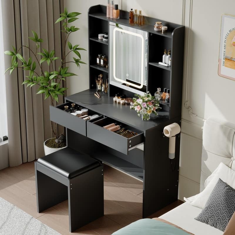 Vanity Desk with LED Mirror, Storage Drawers, USB Outlets, and Padded Stool