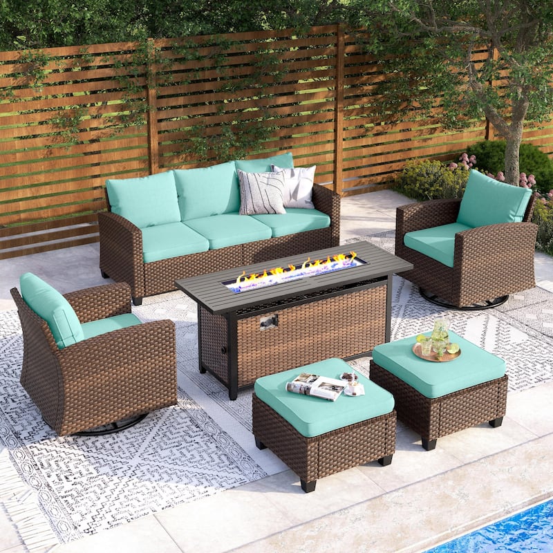 7/9-Seat Patio Furniture Wicker Rattan Outdoor High-back Sectional Sofa Conversation Set with Firepit Table