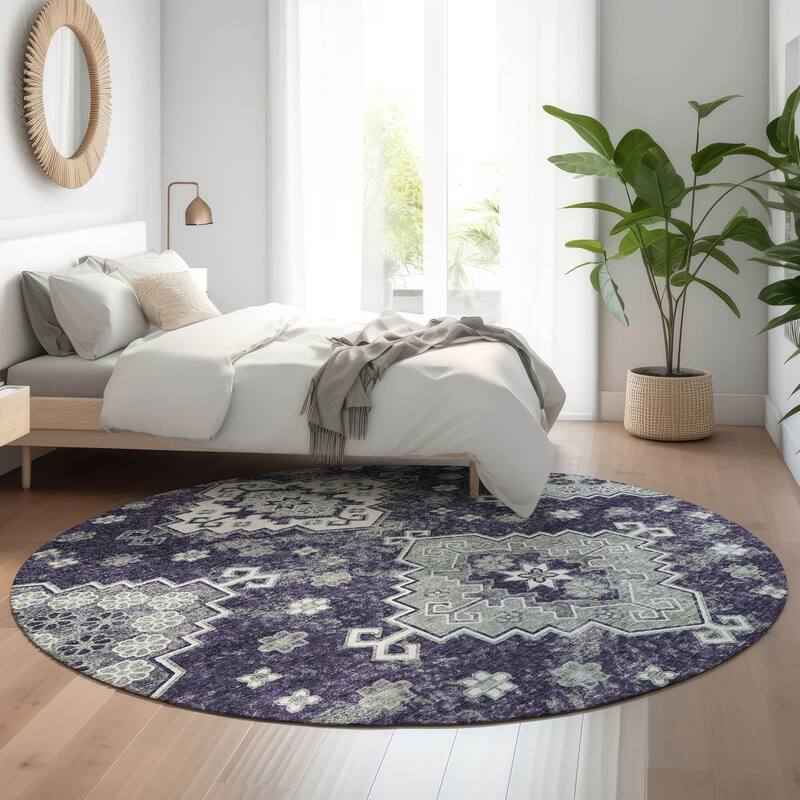 Premium Washable Super Soft Traditional Farmhouse Mayfield Rug - Purple - 8' x 8' - Round