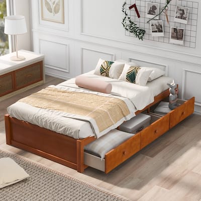 Brown Twin Size Pine Platform Storage Bed with Drawers - Space-Saving Design
