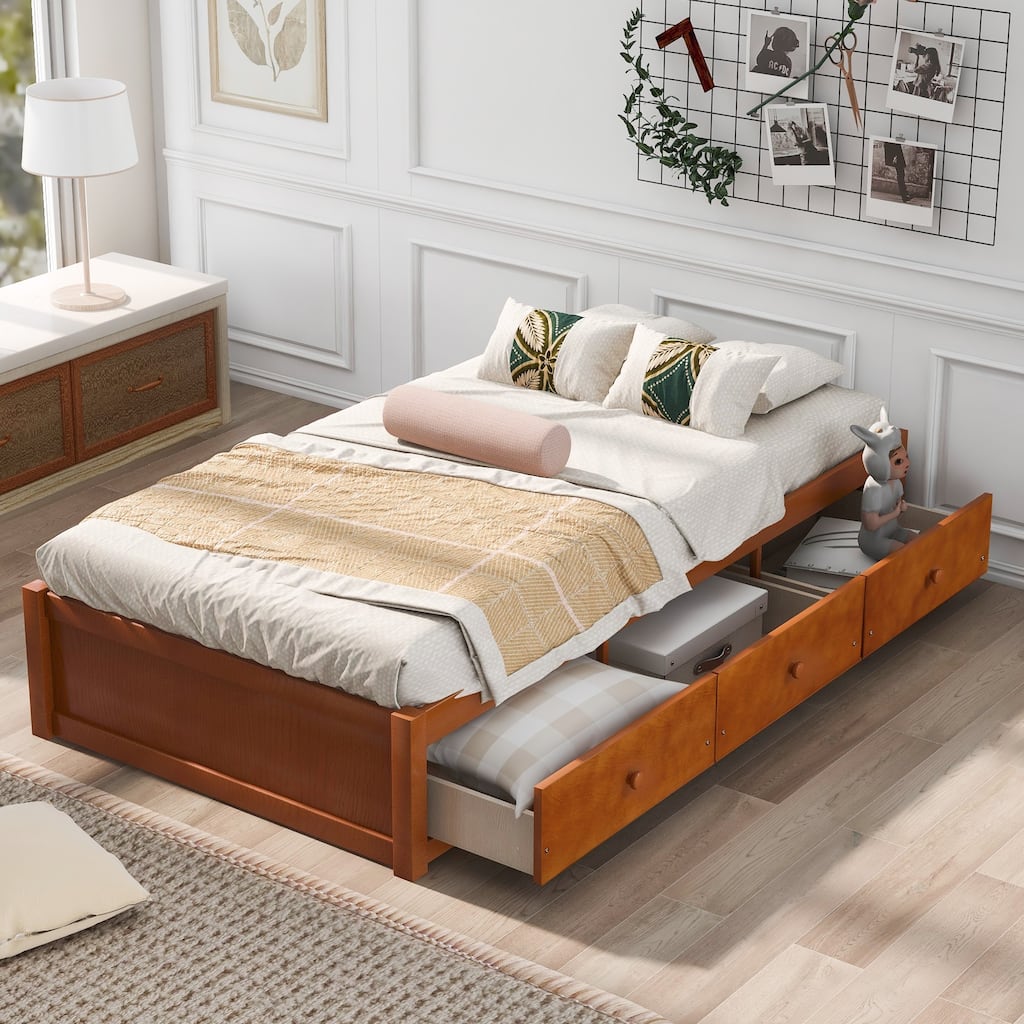 Twin Size Platform Storage Bed with 3 Drawers, Pine Wood Frame, Espresso Finish