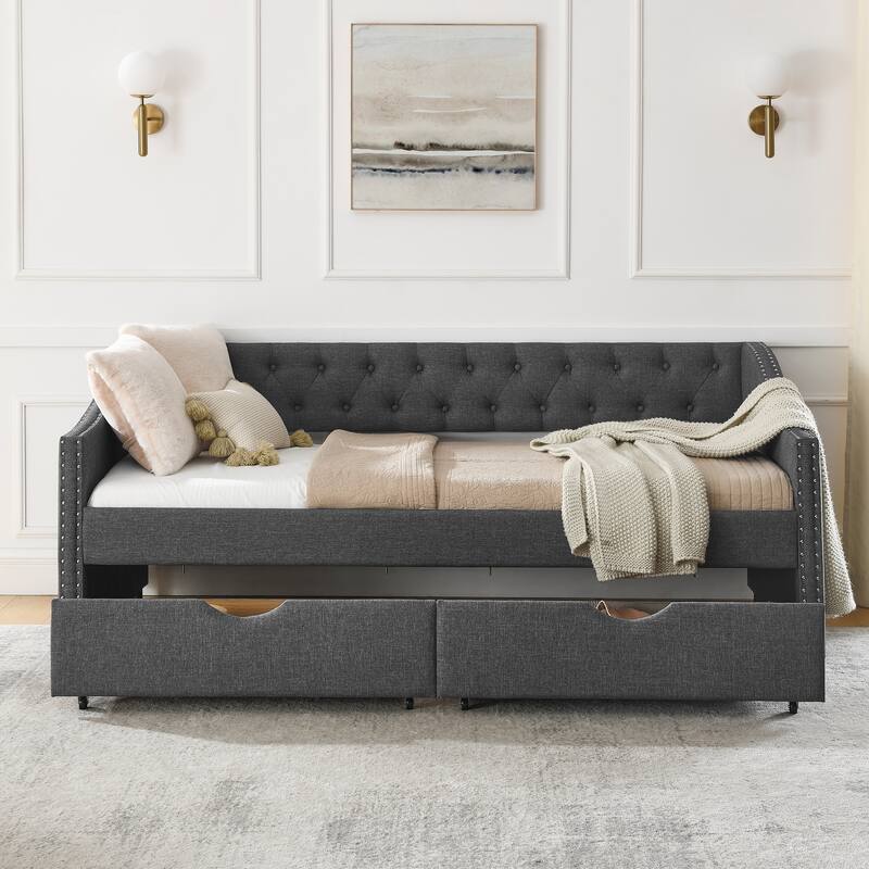 Roomfitters Twin/Full/Queen Upholstered Daybed with Tufted Backrest, Nailhead Trim and Underbed Storage Trundle