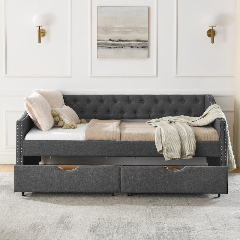 Tufted Button Daybed with 2 Storage Drawers/Upholstered Sofa Bed Frame w/Copper Nail on Waved Shape Armrests/No Spring Box Need