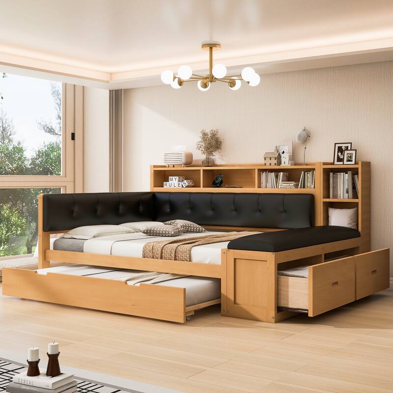 Roomfitters Full Wood Daybed with Trundle, Storage Shelves and Side Bench