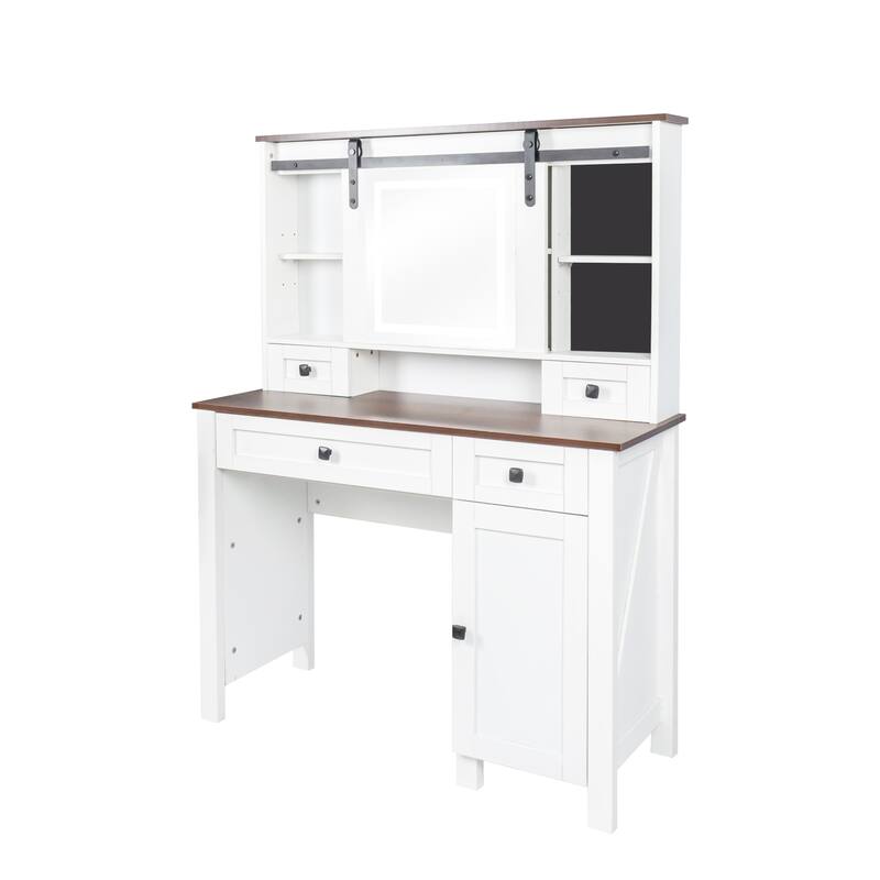 Roomfitters Farmhouse Makeup Vanity with Mirror and LED Lights, 41.73" Dressing Table with 4 Drawers and Cabinet, White + Walnut