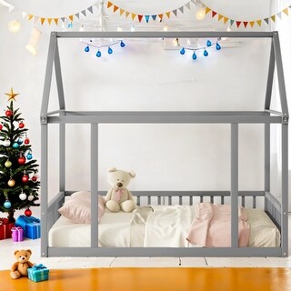 Full Size Floor Wooden House Bed with House Roof Frame and Safety Guardrails For Home
