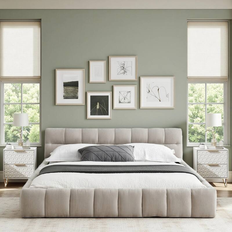 3-Pieces Bedroom Sets Upholstered Bed Frame with Thick Fabric,Solid Frame,2Nightstands with 2 Drawers,Gold Legs & Handles - Beige And ncient White