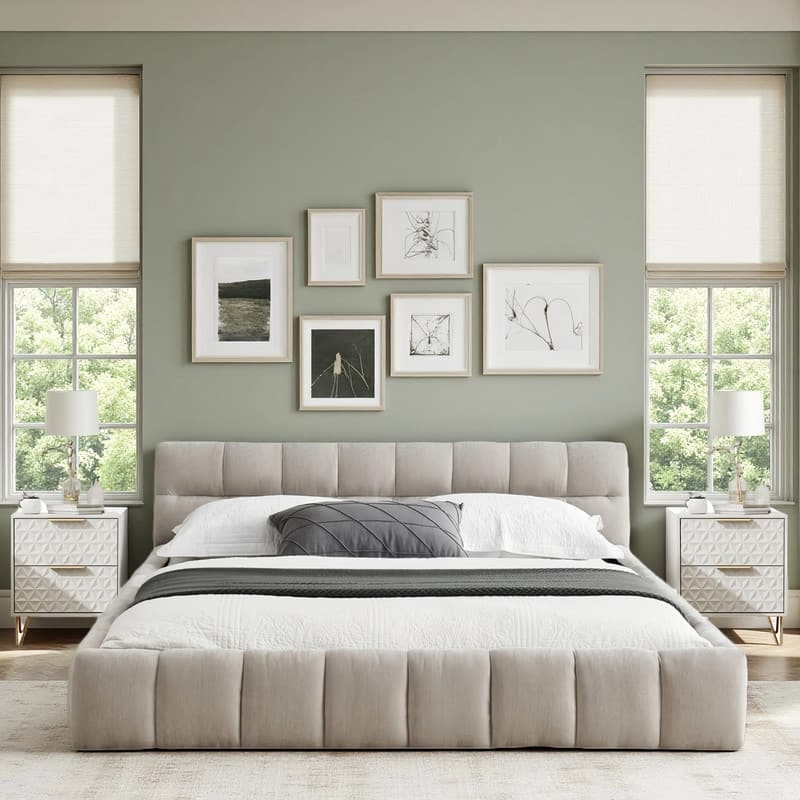 3-Pieces Bedroom Sets Upholstered Bed Frame with Thick Fabric,Solid Frame,2Nightstands with 2 Drawers,Gold Legs & Handles