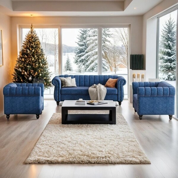 Stylish Velvet 3-Piece Sofa Set with Wood Legs, Blue - Bed Stylish Velvet 3-Piece Sofa Set with Wood Legs, Blue - Bed