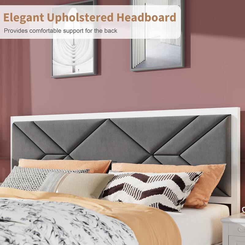 Wooden Bed Frame with Fabric Upholstered Headboard