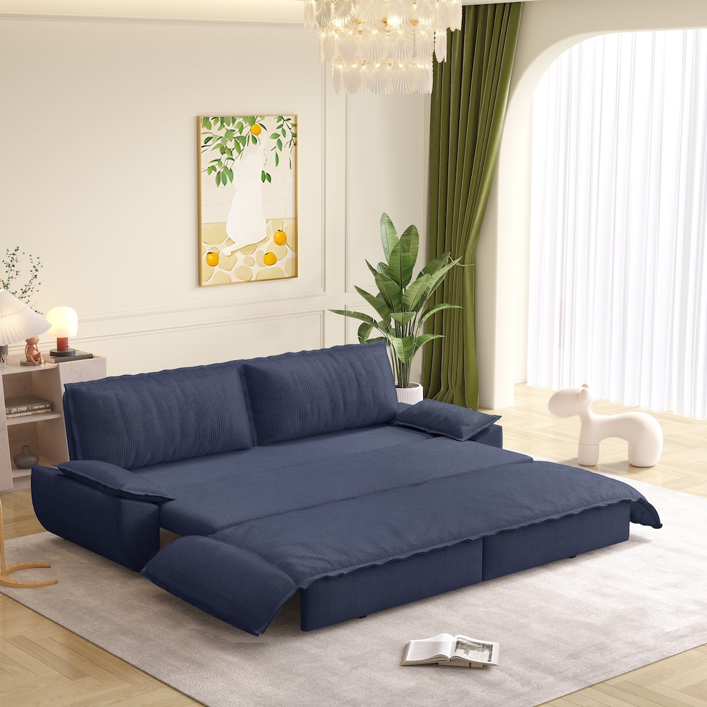 73.2" Queen Pull Out Sofa Bed, 3-in-1 Convertible Sleeper Sofa, Multi-Functional Corduroy Loveseat Bed - Blue