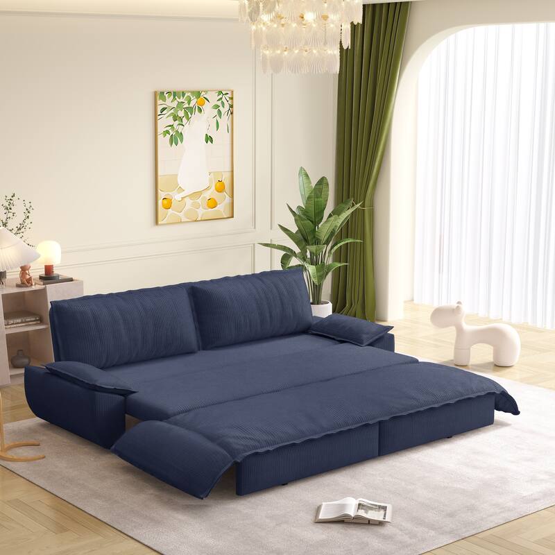 GDFStudio - Corduroy 73.2" 3-in-1 Convertible Pull Out Sofa Bed - Blue