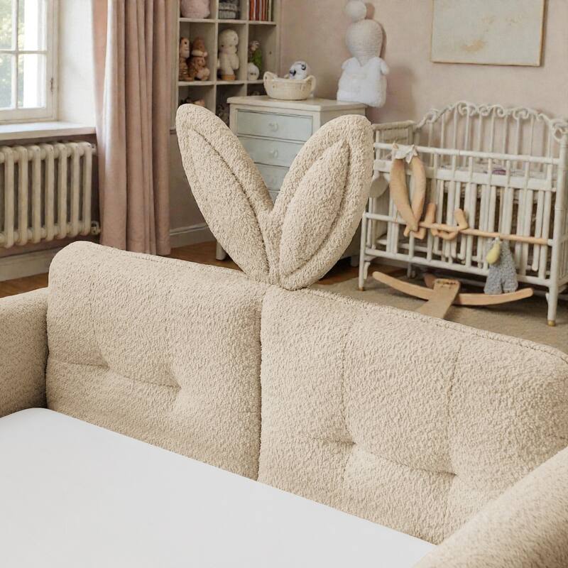 Twin Size Upholstered Platform Bed with Rabbit Ear Headboard, Kids Boucle Fabric Bed Frame with Safety Rail and Pocket