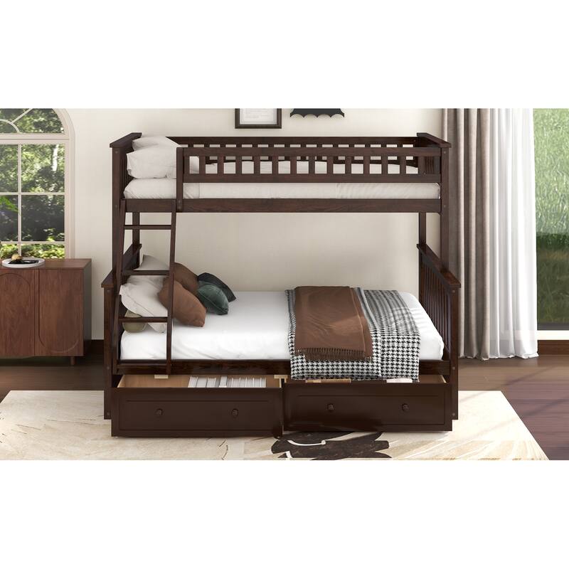 Wooden Storage Bunk Bed Frame with Fence-shaped Guardrails and Pull-out Drawers, Convertible 2 Platform Beds, Detachable Design