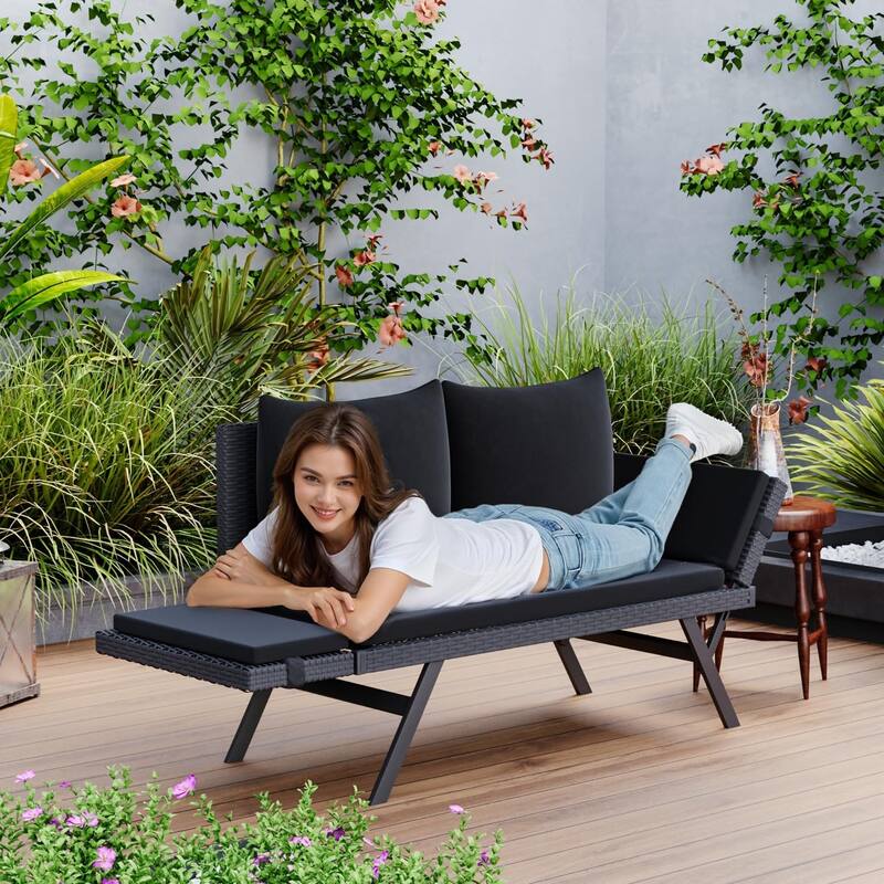 BOSSIN All-Weather Rattan Convertible Daybed - Outdoor Sofa w/ Adjustable Arms & Waterproof Cushions - Patio, Poolside, Porch