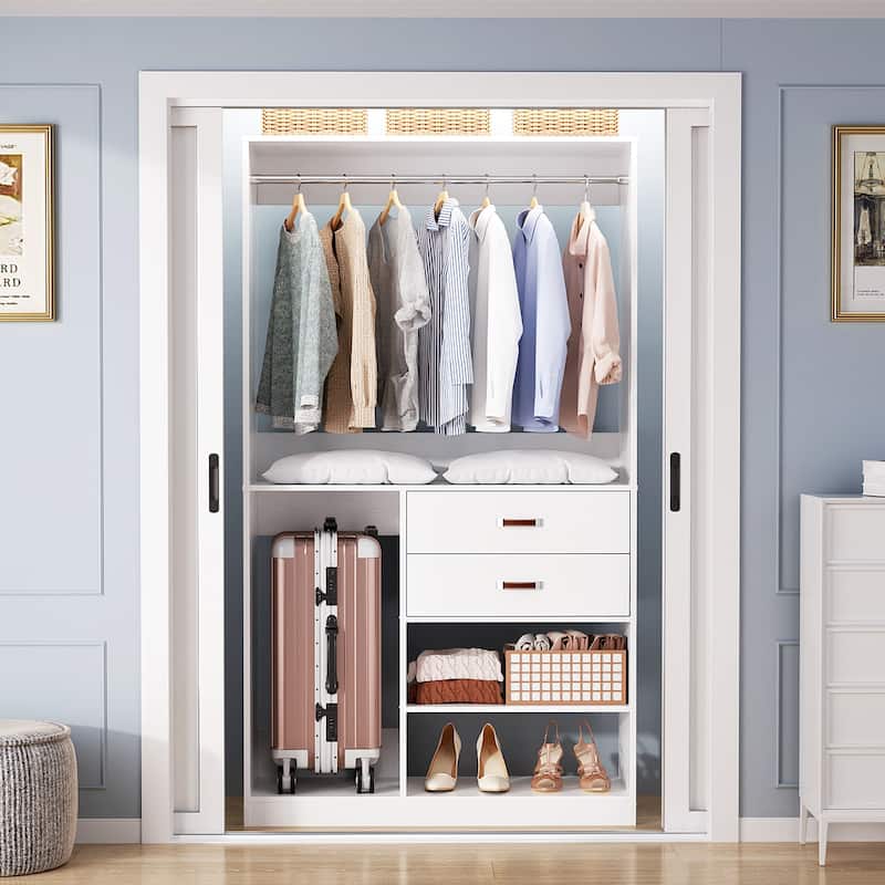 Vryon 40''W Freestanding Closet Organizer with Hanging Rod, Closet System Wardrobe with Wood Drawers