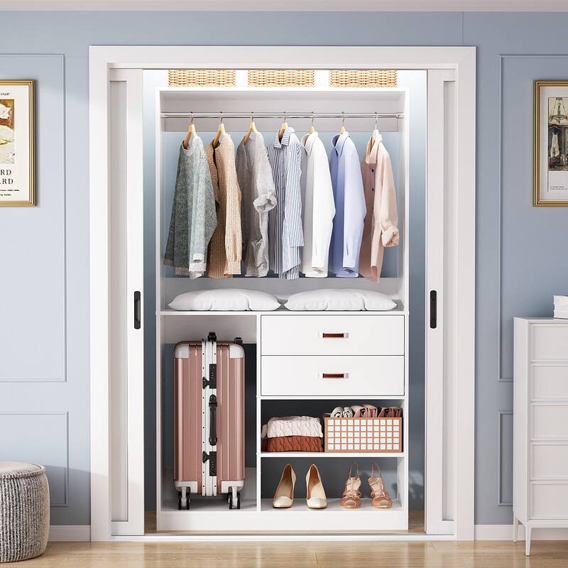 Rackcog Freestanding Closet Organizer with Hanging Rod, Closet System Wardrobe with Wood Drawers - White