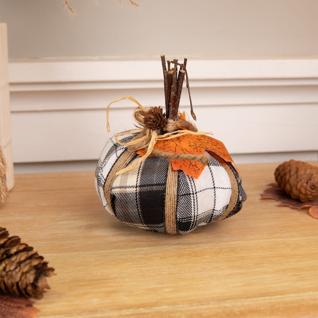 Plaid Pumpkin with Leaf Fall Harvest Pumpkin Decoration - 5" - White and Black