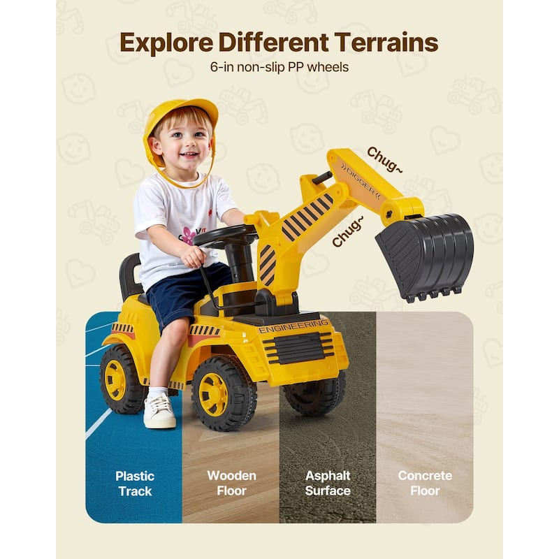 Toddler Ride-On Excavator Car with Helmet and Music, Yellow - 42.1 x 11.4 x 21.3 in