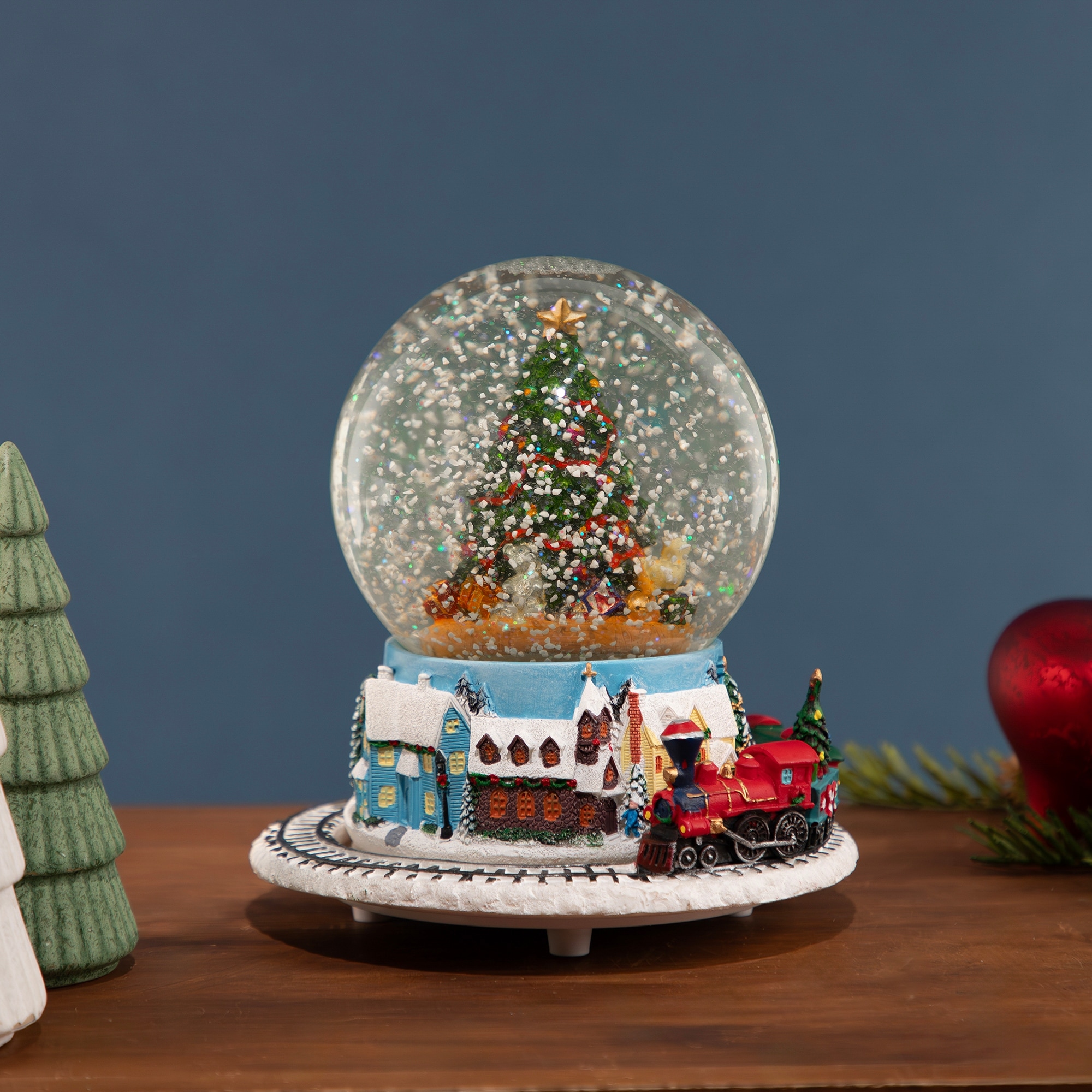 7" Christmas Tree Village Train Musical Snow Globe