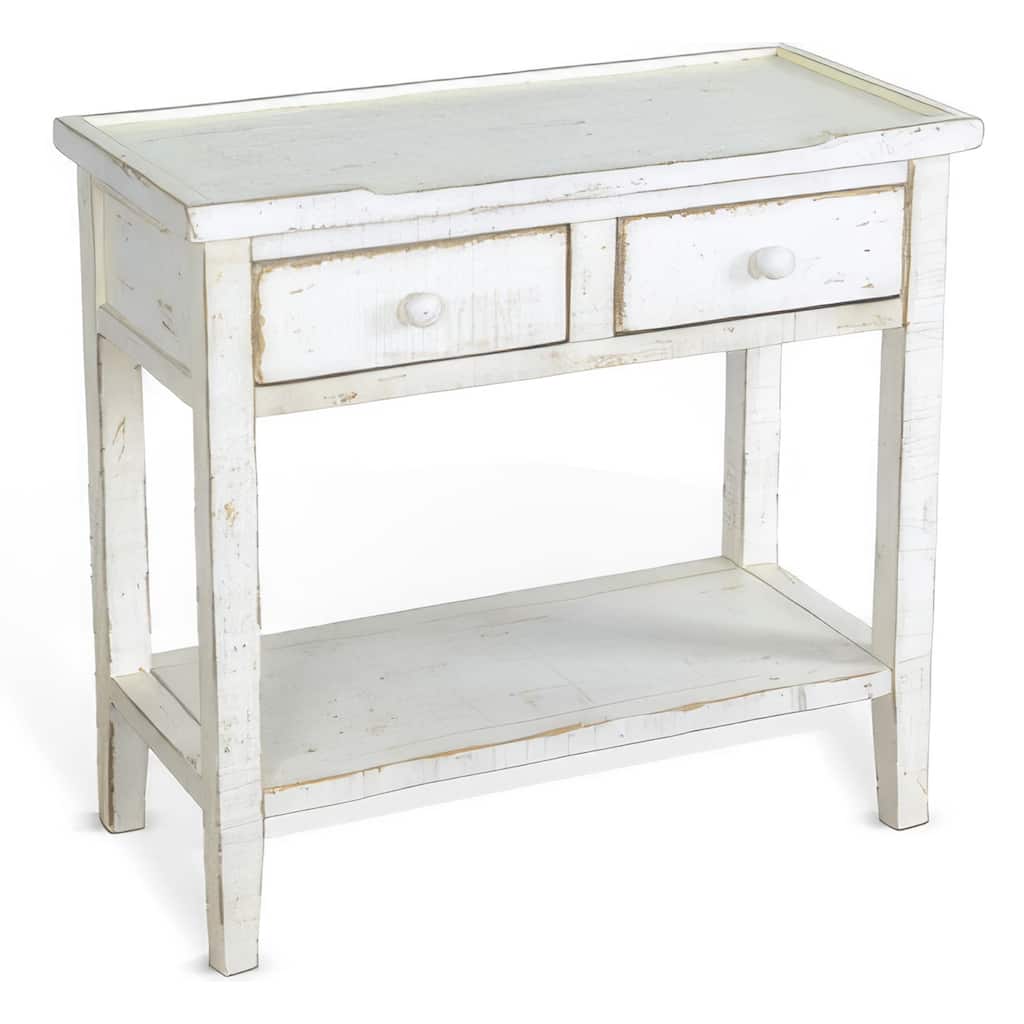 Rena Side End Table, 2 Drawers 1 Shelf, 28 Inch Rustic White Mahogany