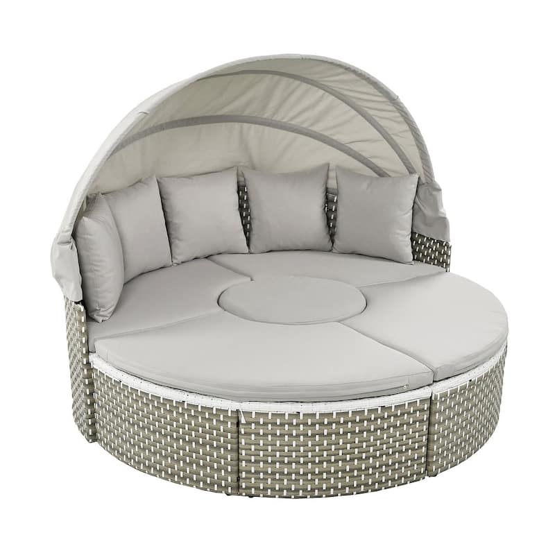 4-piece Outdoor Wicker Patio Round Daybed Sectional Sofa Set with Retractable Canop