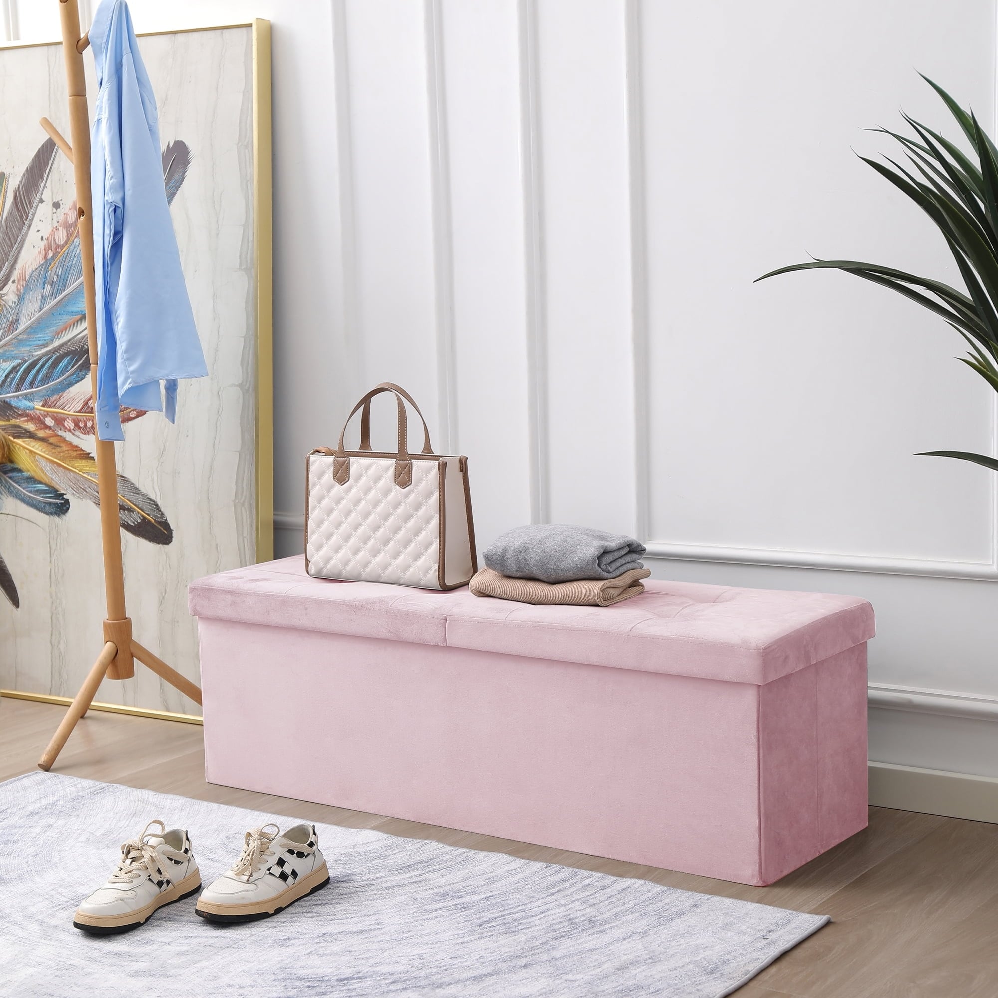 45.3-inch Velvet Foldable Storage Ottoman Bench with Flipping Lid, 166L Capacity Footrest for Bedroom Living Room