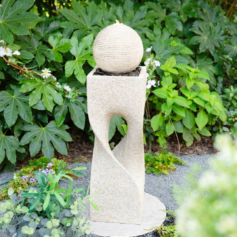 Glitzhome Modern Geometric Oversized Pedestal Sphere Polyresin Outdoor Floor Fountain with Pebbles
