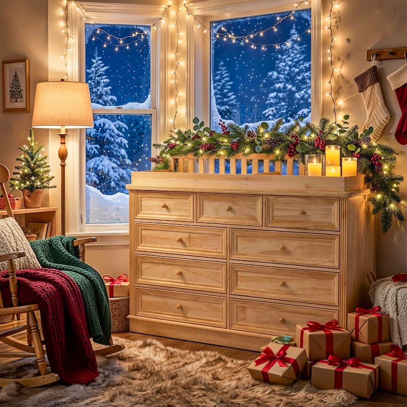 Solid Pine Wood Baby Changing Table Dresser with 9 Drawers – Natural Finish Nursery Dresser with Removable Changing Topper