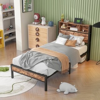 Twin Size Metal Bed Frame with Bookcase Headboard and Built-in Charging Station, Features Sturdy Construction
