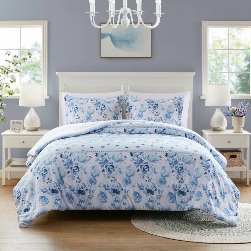 Intelligent Design Kaia Floral Striped Duvet Cover Set - Blue - Queen