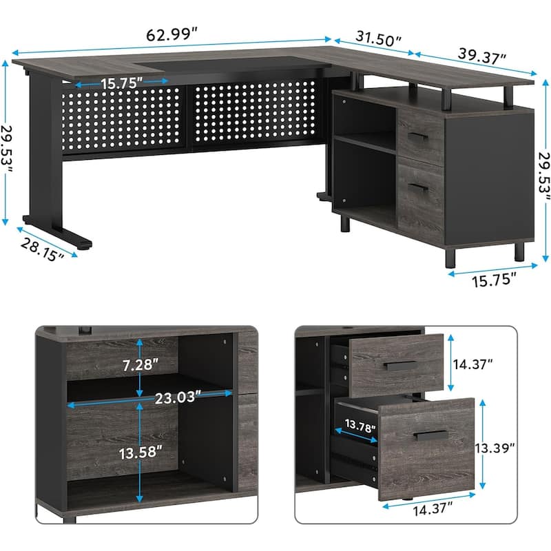 63 Inch Executive Desk with File Cabinet, Large Office Desk L Shaped Computer Desk