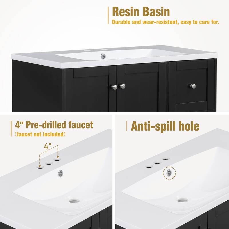 36" Modern Bathroom Vanity with USB Charging, 2Doors and 3Drawers Storage Vanity Cabinet, single sink, Faucets Not Included