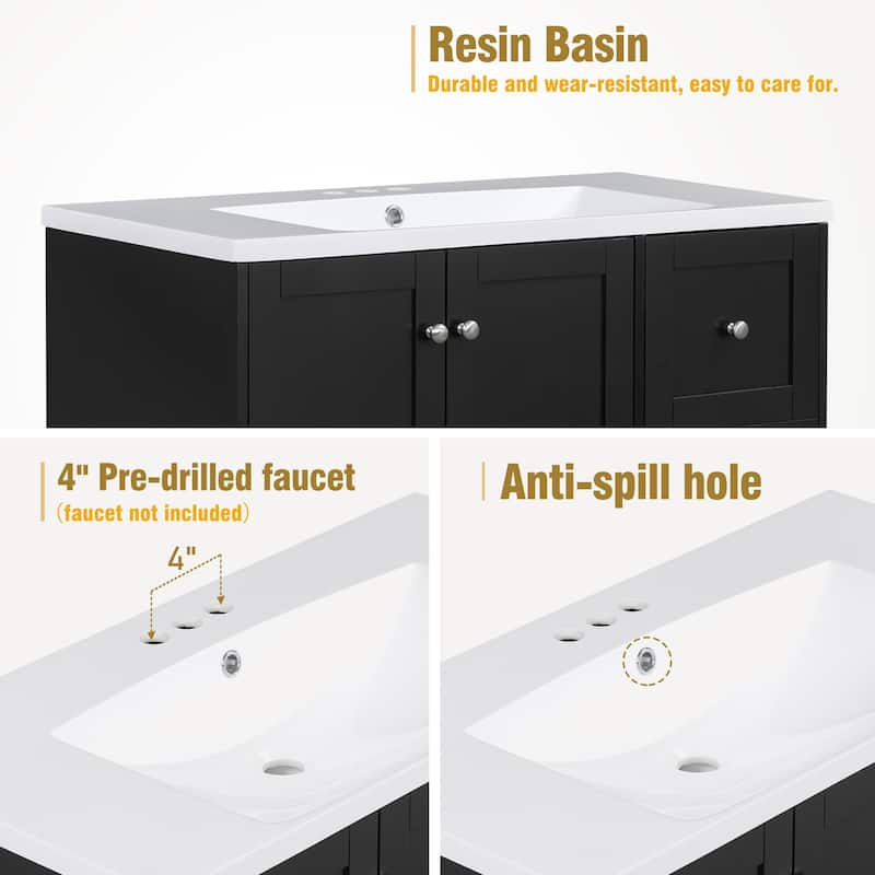 36 Inch Modern Bathroom Vanity with USB Charging, Two Doors and Three Drawers Bathroom Storage Vanity Cabinet
