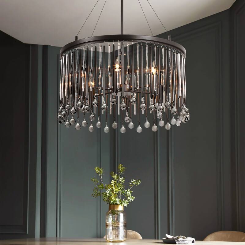 6-Light Modern Black Drum Raindrop Crystal Chandelier with Metal and Crystal Rods - 24.02 in. W x 31.5 in. H - 24.02 in. W x 31.5 in. H - Black