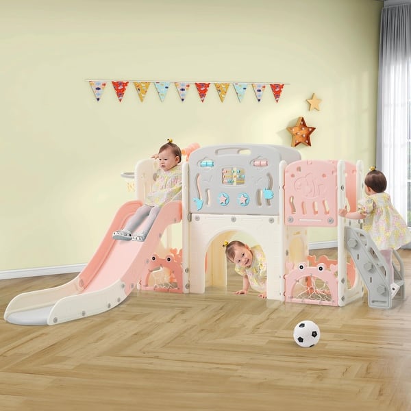 slide 2 of 71, 11-in-1 Toddler Slide Playset - Kids Slide for Ages 1-3 with Basketball Hoop, Arch Tunnel, Telescope, and Toy Storage Organizer Pink