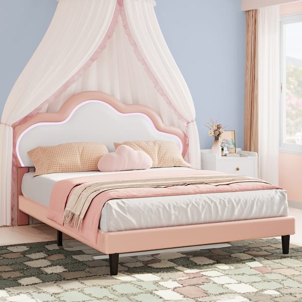 slide 2 of 6, Moasis Full Bed Frame, LED Platform Bed with PU Faux Leather Adjustable Cloud Headboard