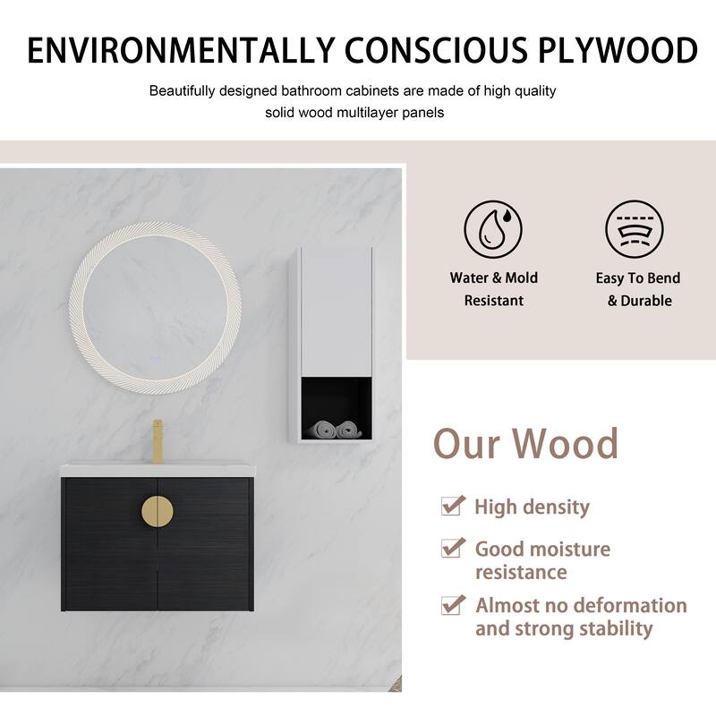 28" Wall-Mounted Bathroom Vanity With Ceramic Sink and Side Cabinet, Soft Close Doors, Combination Cabinet