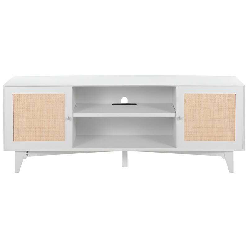 Rattan TV Stand for 75 Inch TV Mid Century Modern Cabinet with Storage - 17.4x17.4x13.8in