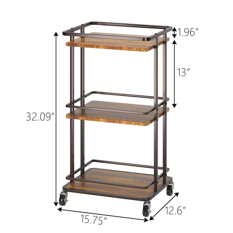 3-Tier Rolling Serving Bar Cart, Wood and Metal Kitchen Island Storage Cart with Wheels, Multifunction Utility Drink Cart