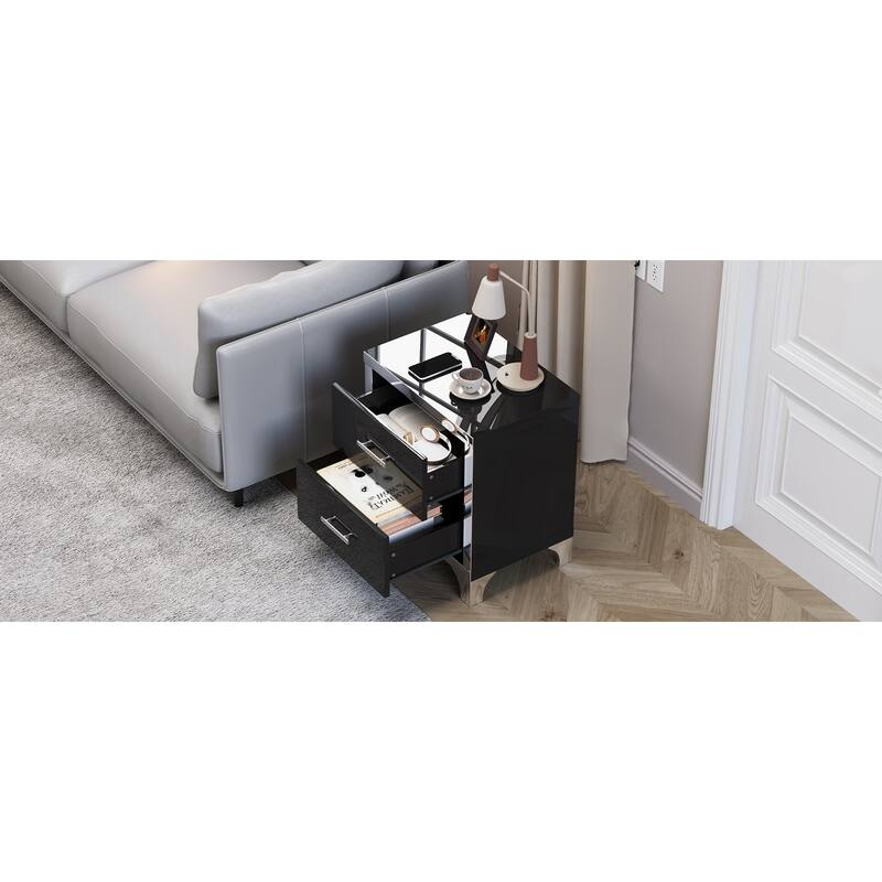 High Gloss Mirrored Nightstand with 2 Drawers,Modern End Table with Drawers,Mirrored High Gloss Wood Nightstand Metal Handle