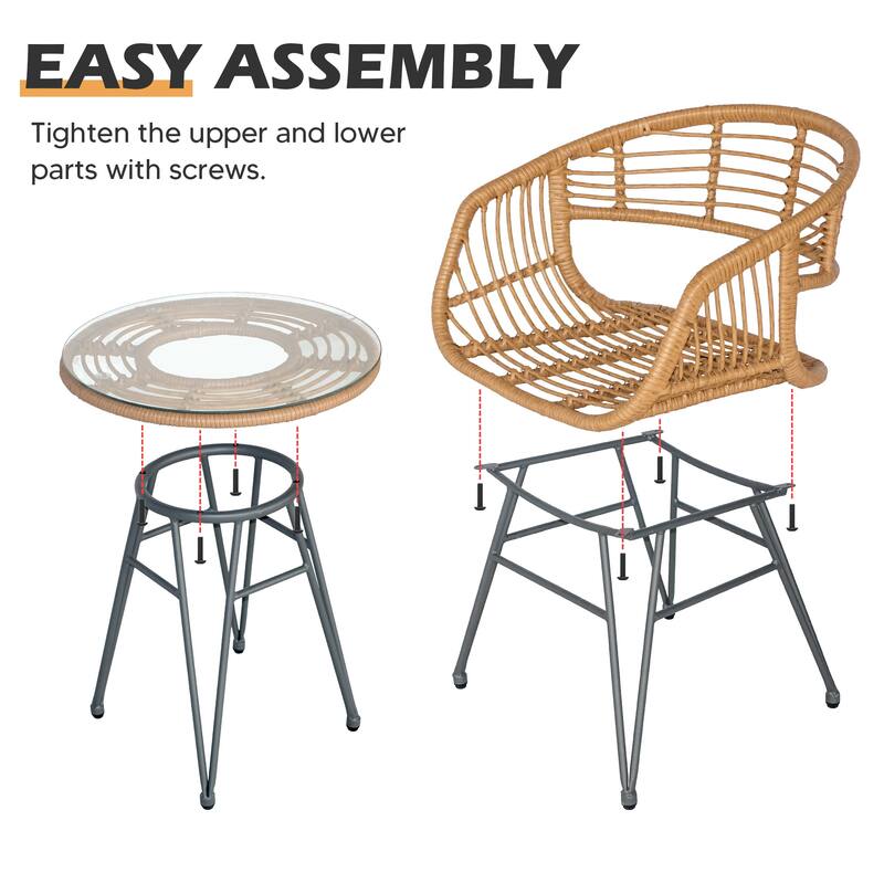 3 Piece Outdoor Wicker Furniture Patio Bistro Set With Cushions for Porch Poolside Garden - 21.2"L x 23.6"W x 31.5"H