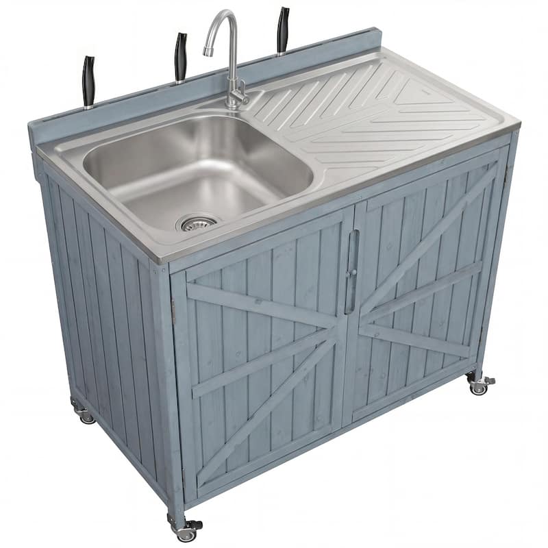 39.4" Rolling Outdoor Kitchen Island with 304 Stainless Steel Sink, Faucet & Cabinet for Pizza Prep